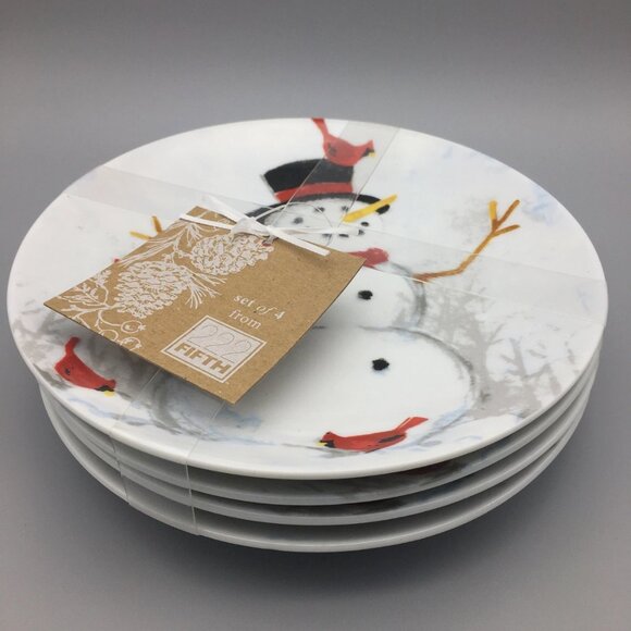 x4 222 FIFTH Winter Cheer Appetizer Plate Set Snowman Red Cardinal Christmas NEW - Picture 4 of 7